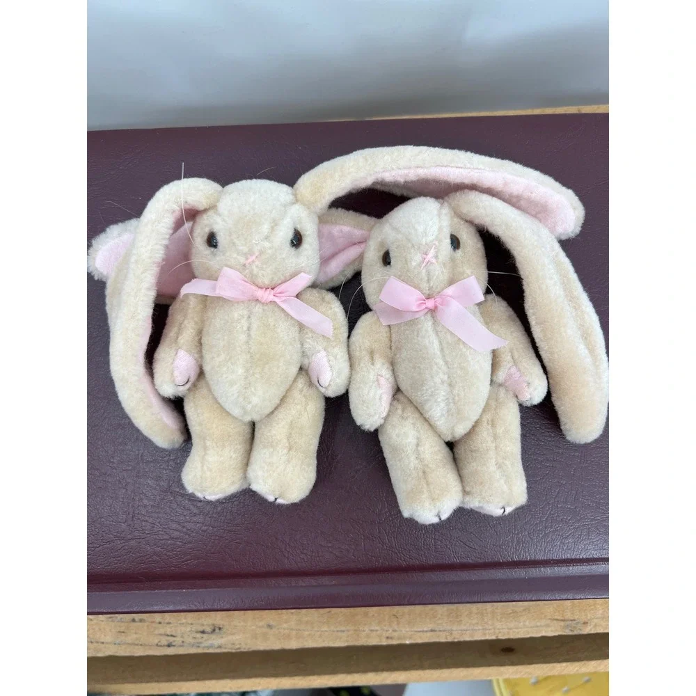 Vtg Wangs Int'l Jointed Plush Bunny Rabbit Pair Twins Pink Bow Floppy Ears‎ 5